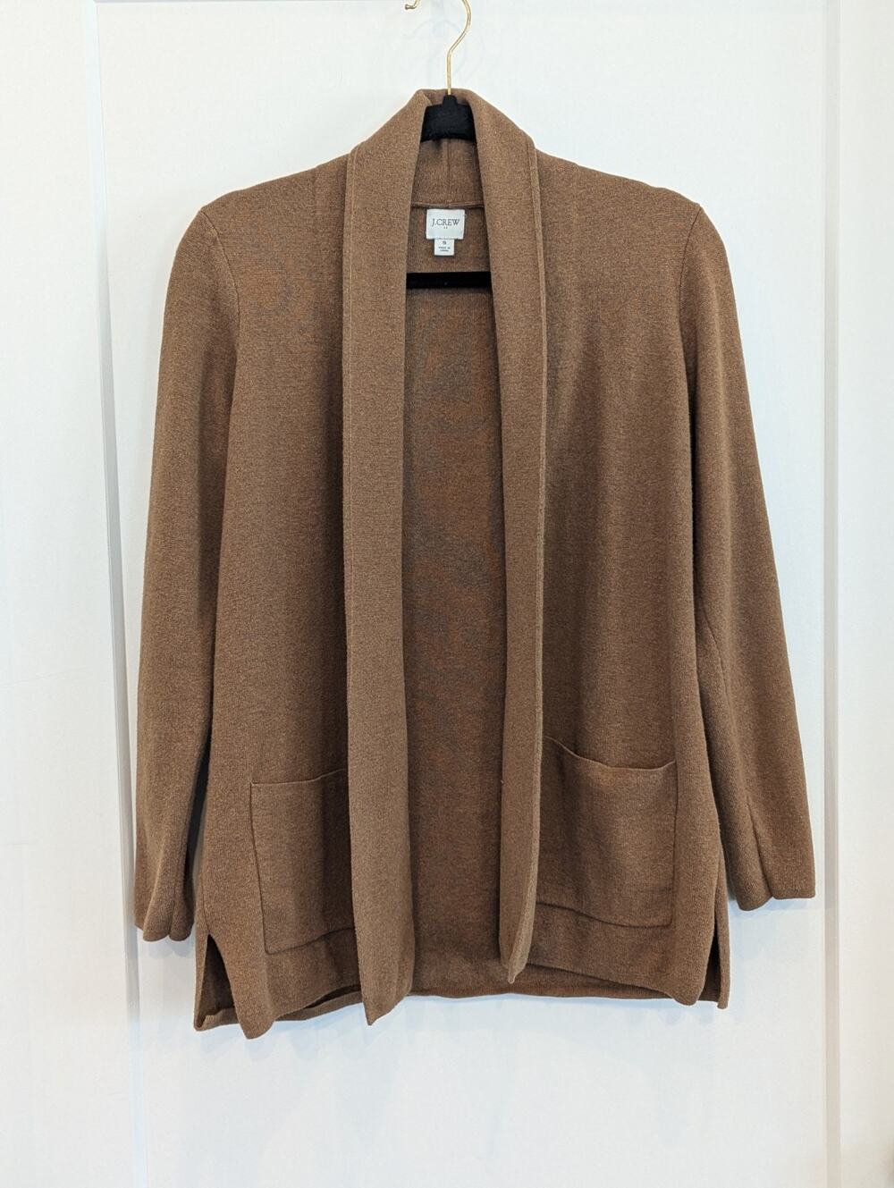 J.CREW Women's S Brown 100% Cotton Open Front Cardigan Sweater Pockets EUC